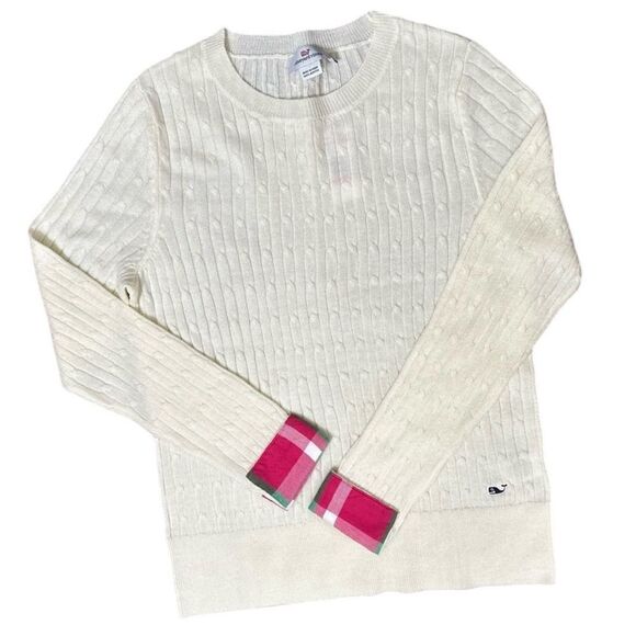 Vineyard Vines Cream Cable Knit Tartan Cuff Sweater | Size XL - Picture 1 of 8